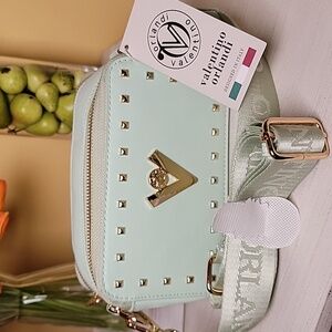 Valentino Orlandi MINT Green V Logo Studded Camera Bag Wide Strap Double Zip